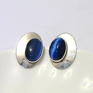 Vintage Harry's Chunky Sterling Silver Blue Cabochon Crystal Oval Stud Earrings